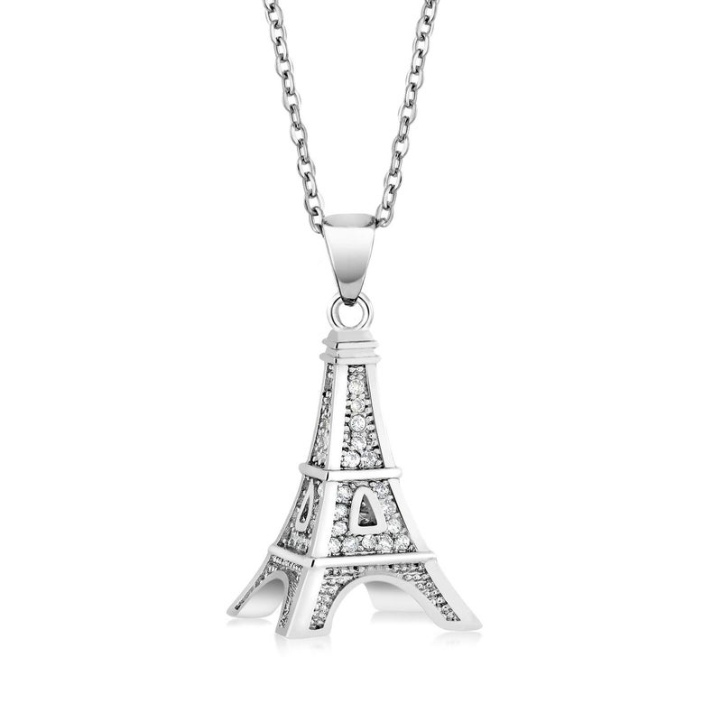Gem Stone King France Eiffel Tower Pendant Necklace for Women | White Zirconia Set in 925 Sterling Silver | 0.5 Inch | with 18 Inch Complimentary Chain - Image 1